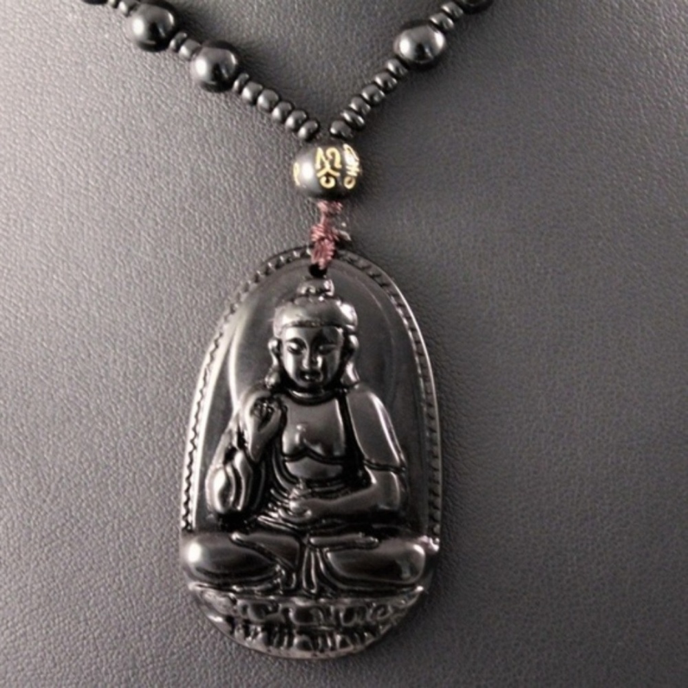 Black Carved Obsidian Buddha Pendant Necklace
